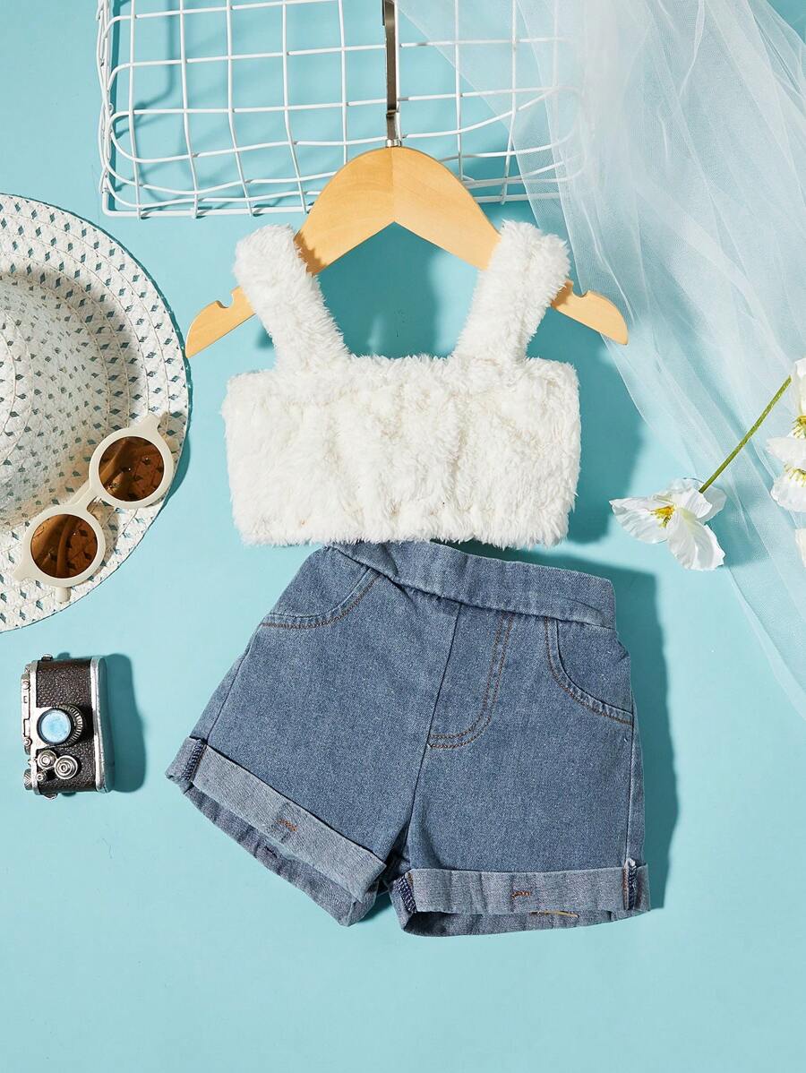 嬰兒絨毛吊帶上衣和卷邊牛仔短褲套裝 - 藍色 - 查看 1