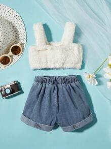 嬰兒絨毛吊帶上衣和卷邊牛仔短褲套裝 - 藍色 - 查看 2