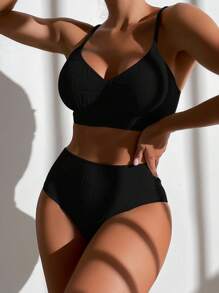 SHEIN Swim Summer Beach Solid High Waisted Bikini Set - Black - View 1