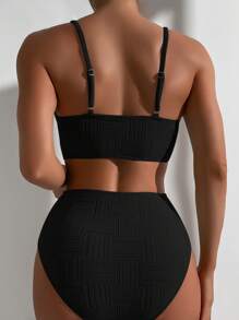 SHEIN Swim Summer Beach Solid High Waisted Bikini Set - Black - View 2