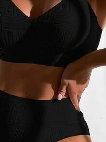 SHEIN Swim Summer Beach Solid High Waisted Bikini Set - Black - View 3