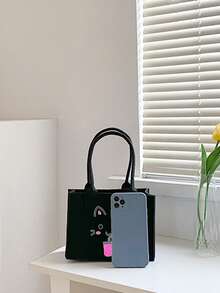 女孩貓樣式毛氈敞口方包 - 黑色 - 查看 3