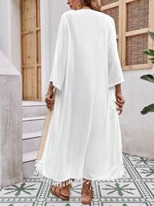 Swim Vcay Contrast Trim Tassel Hem Kimono For Summer Beach Vacation - White - View 2