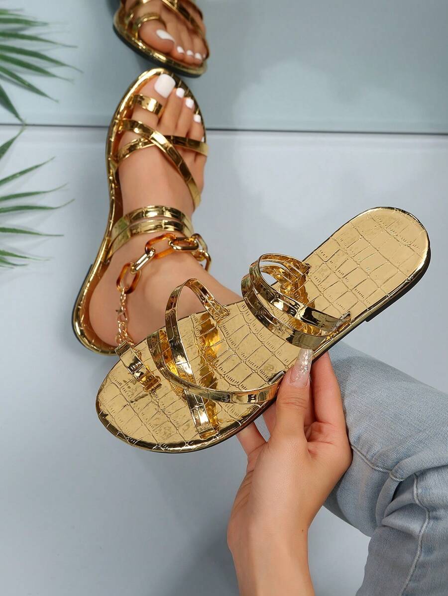 Xăng đan nữ dập nổi hình cá sấu ánh kim, Xăng đan thời trang bằng da sợi nhỏ nhân tạo - Vàng - Xem 1