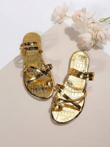 Xăng đan nữ dập nổi hình cá sấu ánh kim, Xăng đan thời trang bằng da sợi nhỏ nhân tạo - Vàng - Xem 6