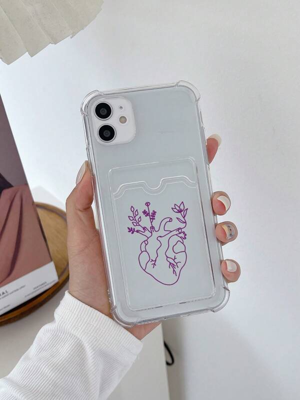 غطاء هاتف شفاف من TPU بتصميم قلبي، مناسب لأجهزة Apple و Samsung و Xiaomi و Pixel، حماية من السقوط وإمكانية إدخال البطاقة