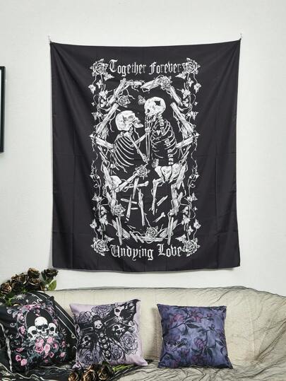 Goth 1pc Skull & Floral Print Tapestry,Dark Washable Tapestry Poster Wall Hanging For Bedroom Aesthetic
