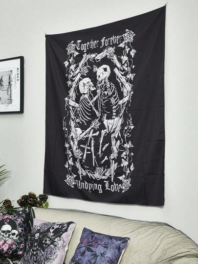 Goth 1pc Skull & Floral Print Tapestry,Dark Washable Tapestry Poster Wall Hanging For Bedroom Aesthetic