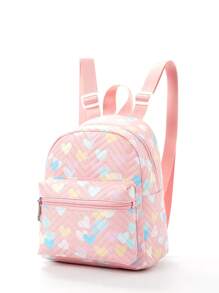 1pc Girls' Heart Pattern Adjustable Strap PU Zipper Classic Backpack