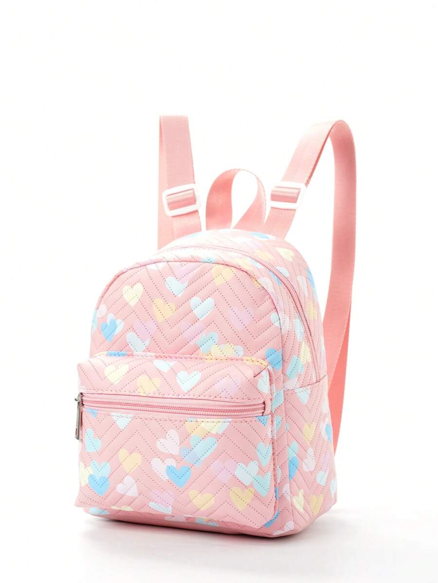 1pc Girls' Heart Pattern Adjustable Strap PU Zipper Classic Backpack