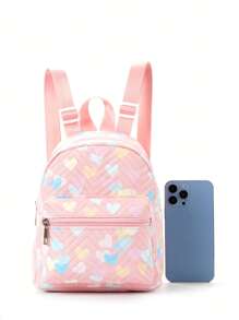 1pc Girls' Heart Pattern Adjustable Strap PU Zipper Classic Backpack