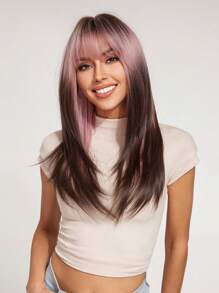 Corte de pelo de mariposa Color degradado Pelucas de cabello lacio en capas con flequillo Pelucas de reemplazo de cabello de fibra sintética Pelucas de cabello para fiesta diaria Ropa de Halloween Regalo para mujeres - Multicolor - Ver 1