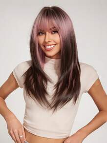 Corte de pelo de mariposa Color degradado Pelucas de cabello lacio en capas con flequillo Pelucas de reemplazo de cabello de fibra sintética Pelucas de cabello para fiesta diaria Ropa de Halloween Regalo para mujeres - Multicolor - Ver 3