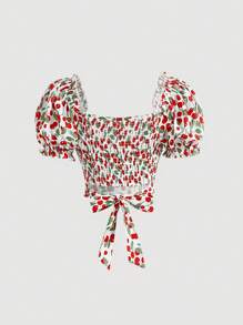 SHEIN MOD Áo sơ mi nữ Buộc lại Dải chun Nếp gấp Phần Ngực Rau quả Tất cả trên in Boho - Nhiều màu - Xem 2