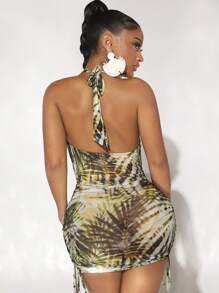 SHEIN SXY 熱帶圖案前垂褶側抽繩露背繞頸緊身連衣裙 - 彩色 - 查看 2