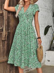 SHEIN Clasi Vestido con estampado floral de manga farol - verde menta - Ver 3