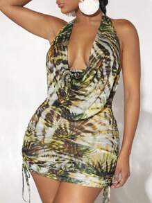 SHEIN SXY 熱帶圖案前垂褶側抽繩露背繞頸緊身連衣裙 - 彩色 - 查看 3