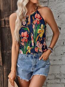 SHEIN LUNE 印花缺口領吊帶上衣