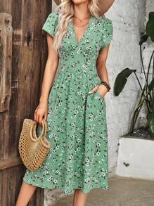 SHEIN Clasi Vestido con estampado floral de manga farol - verde menta - Ver 5