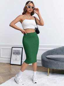 SHEIN EZwear 素色條紋針織鉛筆裙 - 綠色 - 查看 5