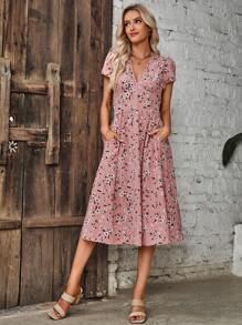 SHEIN Clasi Đầm Dải chun Họa tiết hoa Boho - Bụi hồng - Xem 5