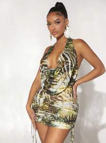 SHEIN SXY 熱帶圖案前垂褶側抽繩露背繞頸緊身連衣裙 - 彩色 - 查看 7