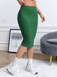 SHEIN EZwear 素色條紋針織鉛筆裙 - 綠色 - 查看 6