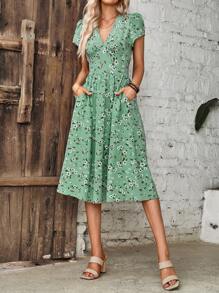 SHEIN Clasi Vestido con estampado floral de manga farol - verde menta - Ver 6