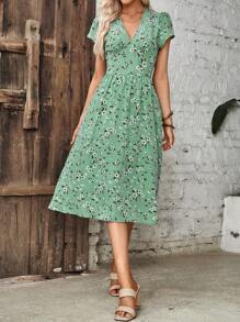 SHEIN Clasi Vestido con estampado floral de manga farol - verde menta - Ver 7