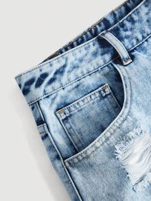 SHEIN EZwear 大碼高腰破洞毛邊牛仔短褲 - 淺色水洗藍 - 查看 3