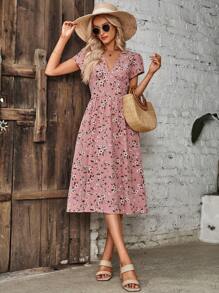 SHEIN Clasi Đầm Dải chun Họa tiết hoa Boho - Bụi hồng - Xem 7