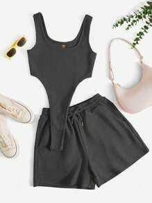 Muchica 2件套夏季休闲纯色无袖连体裤和短裤 - 灰色 - 查看 1