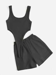 Muchica 2件套夏季休闲纯色无袖连体裤和短裤 - 灰色 - 查看 2