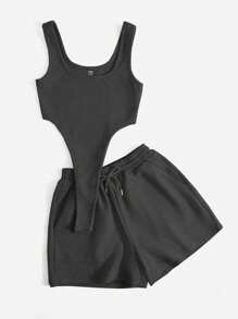 Muchica 2件套夏季休闲纯色无袖连体裤和短裤 - 灰色 - 查看 3