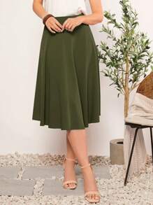 SHEIN Clasi Solid Flare Hem Skirt - Army Green - View 2