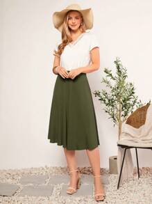 SHEIN Clasi Solid Flare Hem Skirt - Army Green - View 5