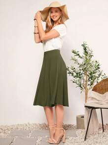 SHEIN Clasi Solid Flare Hem Skirt - Army Green - View 6