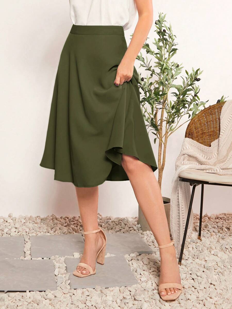 SHEIN Clasi Solid Flare Hem Skirt - Army Green - View 1