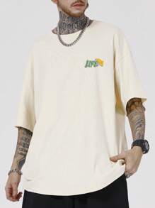 Manfinity EMRG 男士卡通和標語圖案落肩T恤 - 杏色 - 查看 2