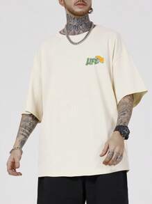 Manfinity EMRG 男士卡通和標語圖案落肩T恤 - 杏色 - 查看 5