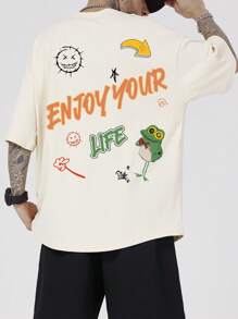 Manfinity EMRG 男士卡通和標語圖案落肩T恤 - 杏色 - 查看 6