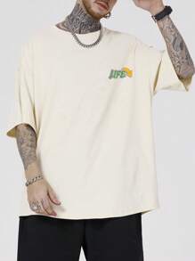 Manfinity EMRG 男士卡通和標語圖案落肩T恤 - 杏色 - 查看 8