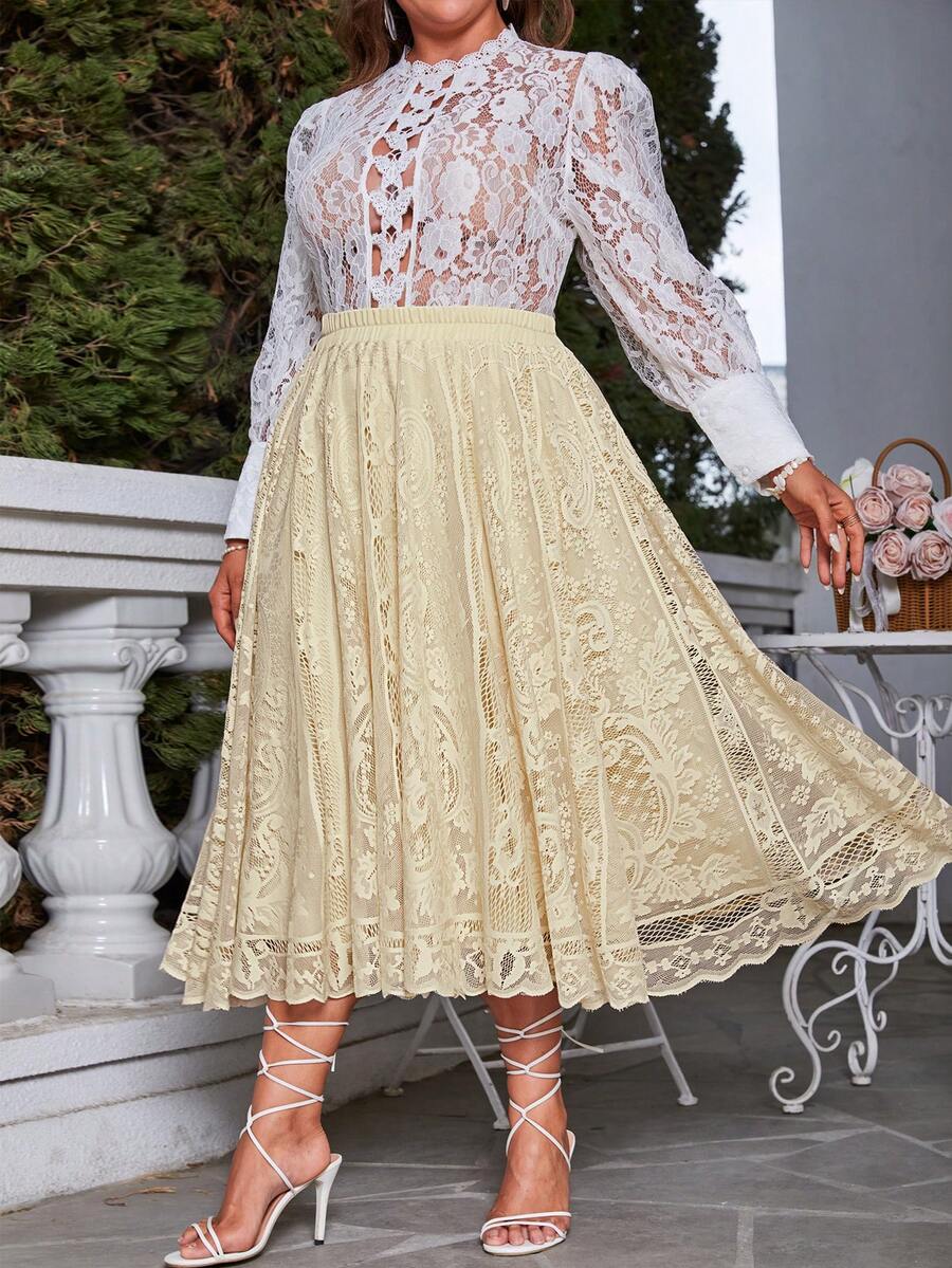 Váy Plus Size Tương phản ren màu trơn Thanh lịch - Màu vàng - Xem 1