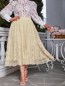 Váy Plus Size Tương phản ren màu trơn Thanh lịch - Màu vàng - Xem 4