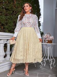 Váy Plus Size Tương phản ren màu trơn Thanh lịch - Màu vàng - Xem 5