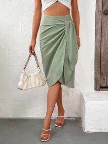 SHEIN Privé 素色側打結圍裹下擺半身裙 - 薄荷綠 - 查看 1