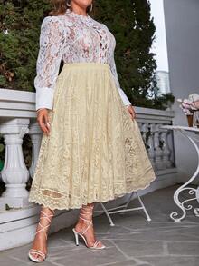 Váy Plus Size Tương phản ren màu trơn Thanh lịch - Màu vàng - Xem 6