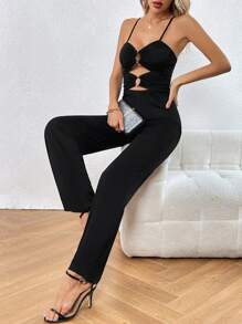Allurite O-ring Cut Out Front Cami Jumpsuit - Black - View 1