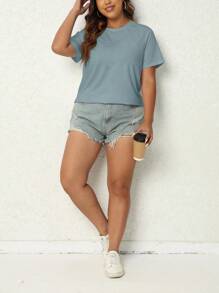 SHEIN LUNE Áo thun Plus size màu trơn Giải trí - Màu xanh bụi bặm - Xem 4