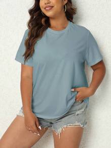 SHEIN LUNE Áo thun Plus size màu trơn Giải trí - Màu xanh bụi bặm - Xem 6